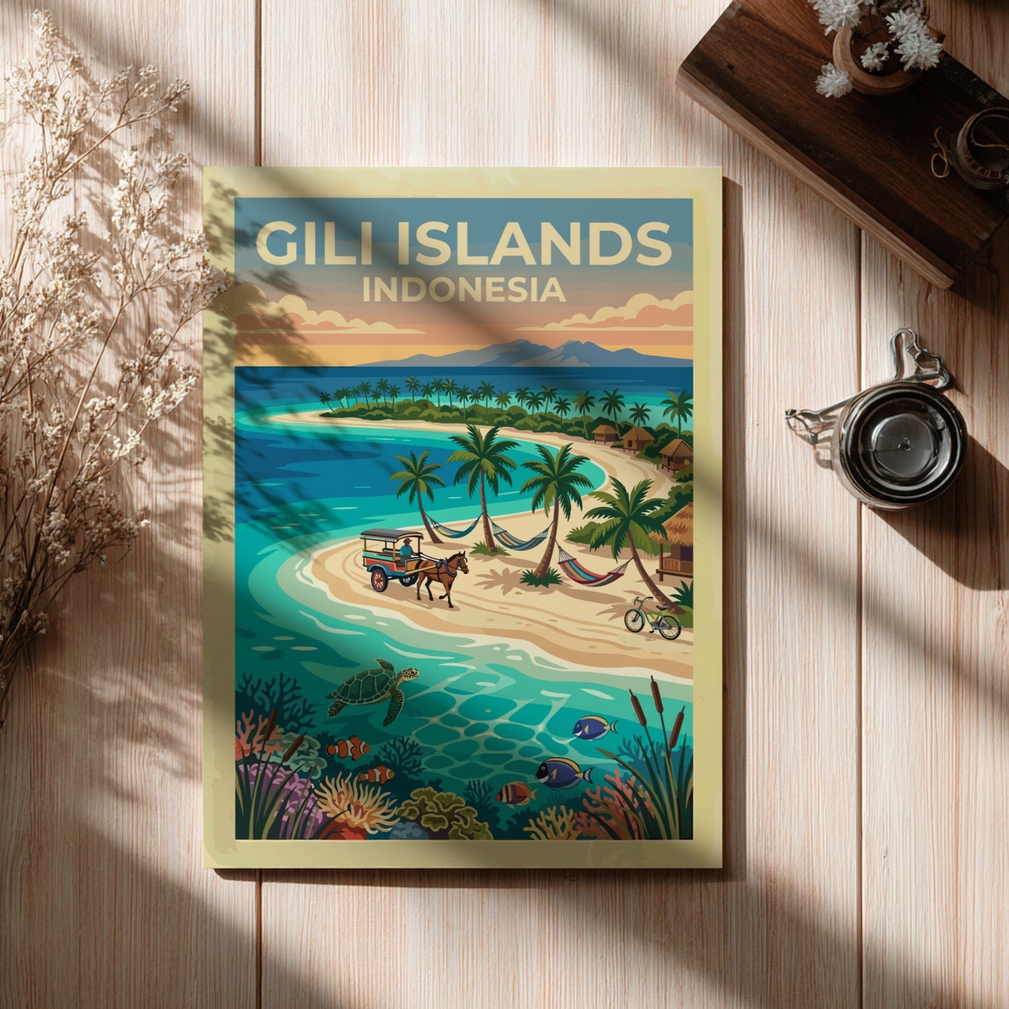 Travel poster of Gili Islands Indonesia featuring a horse carriage on sandy beaches.