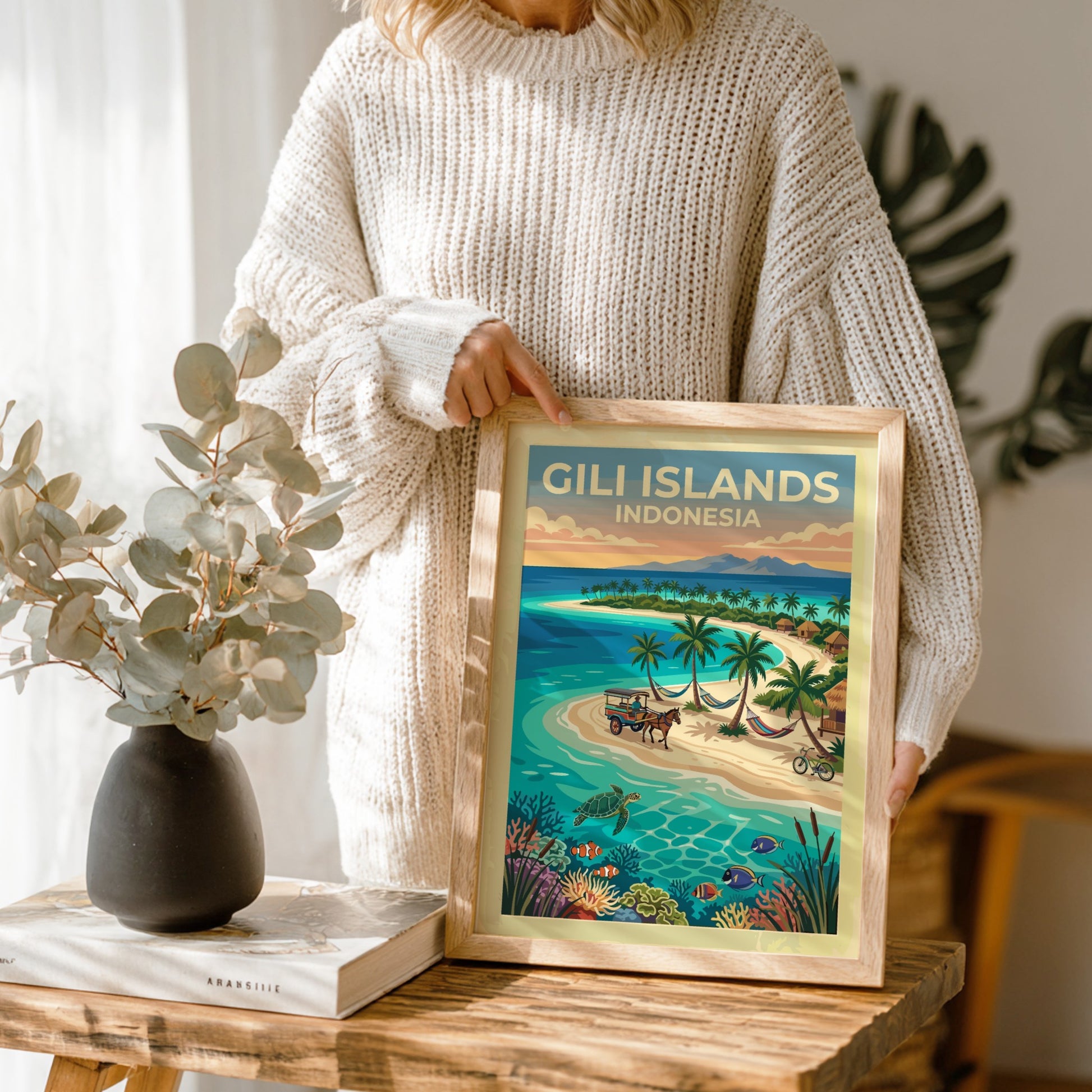 Travel poster of Gili Islands Indonesia featuring a horse carriage on sandy beaches.