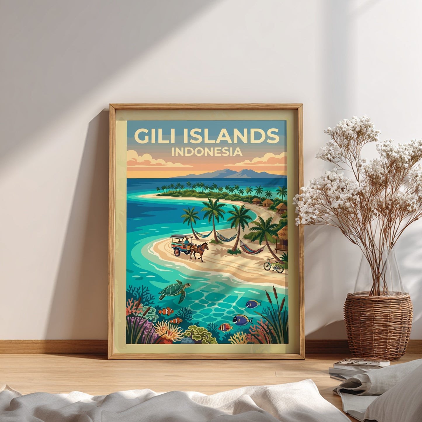 Travel poster of Gili Islands Indonesia featuring a horse carriage on sandy beaches.