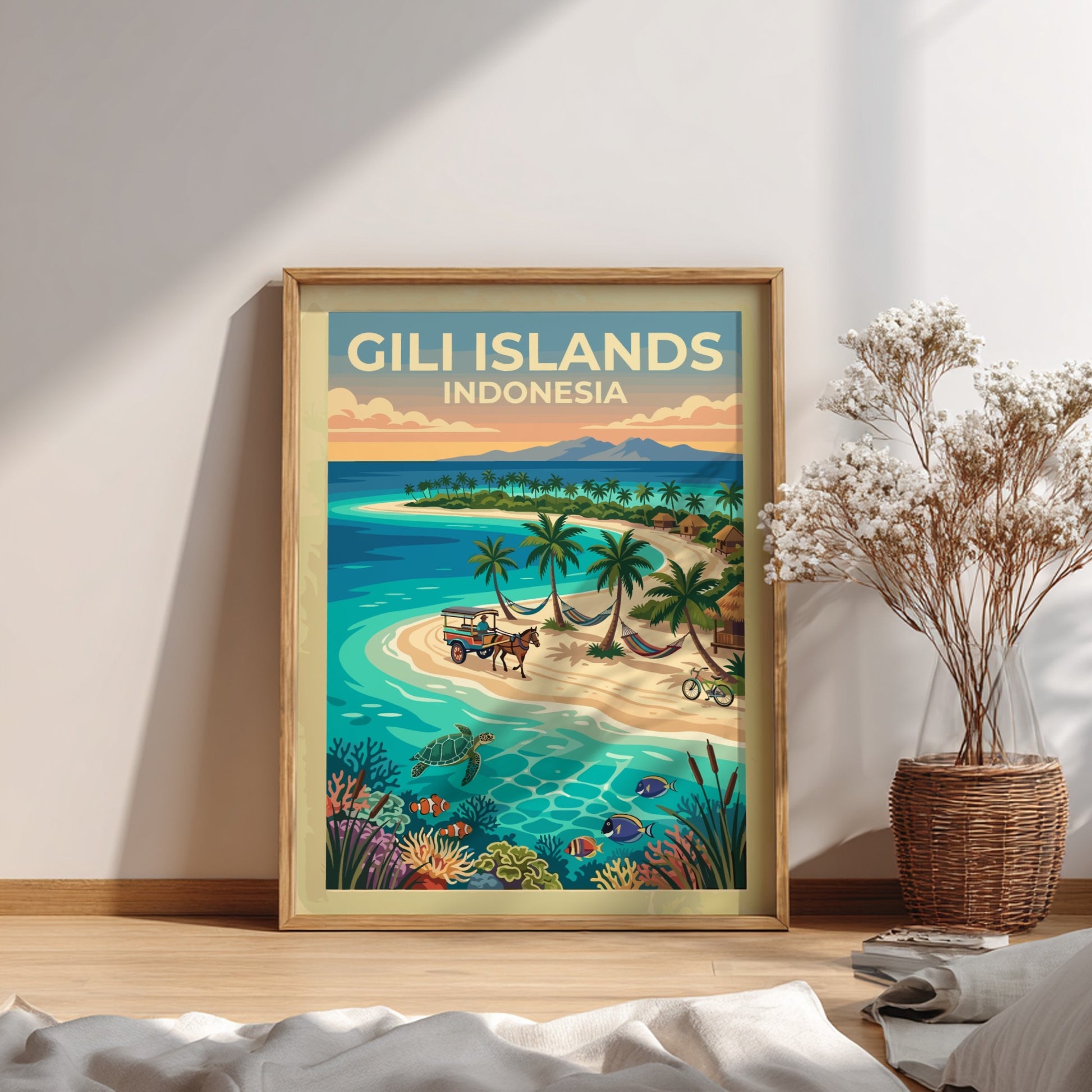 Travel poster of Gili Islands Indonesia featuring a horse carriage on sandy beaches.