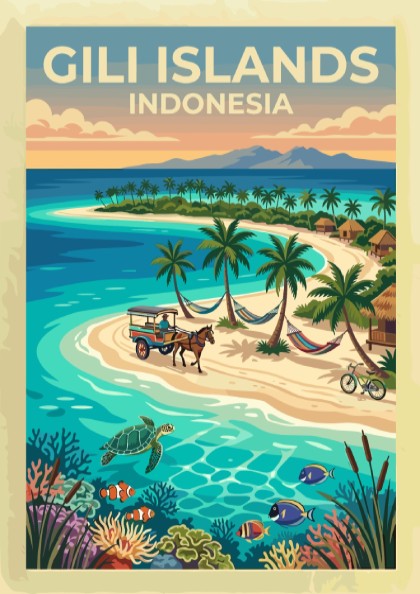 Travel poster of Gili Islands Indonesia featuring a horse carriage on sandy beaches.