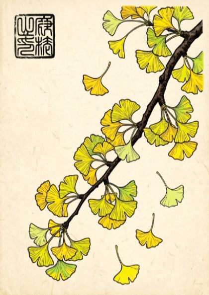 Japanese art style poster featuring vibrant yellow ginkgo leaves on a textured background