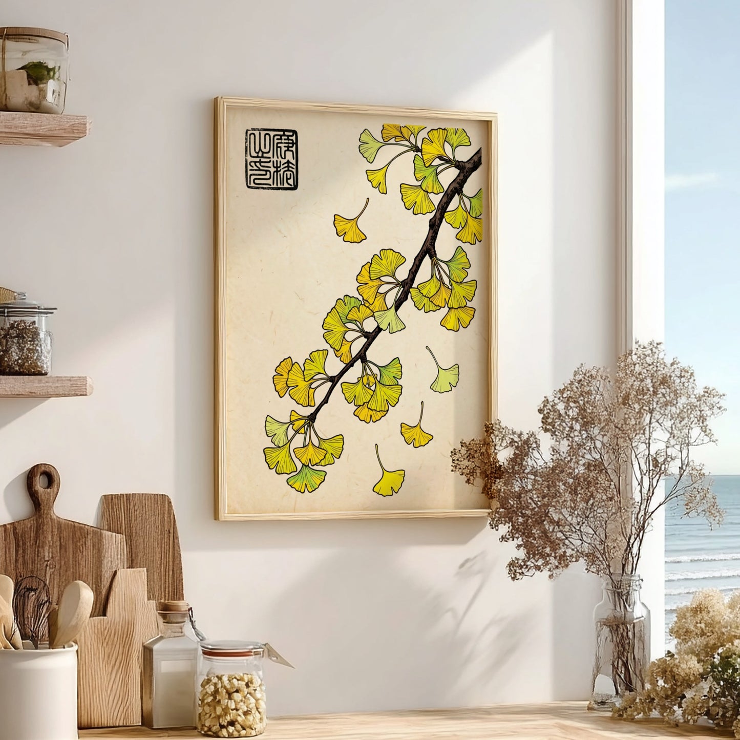 Japanese art style poster featuring vibrant yellow ginkgo leaves on a textured background