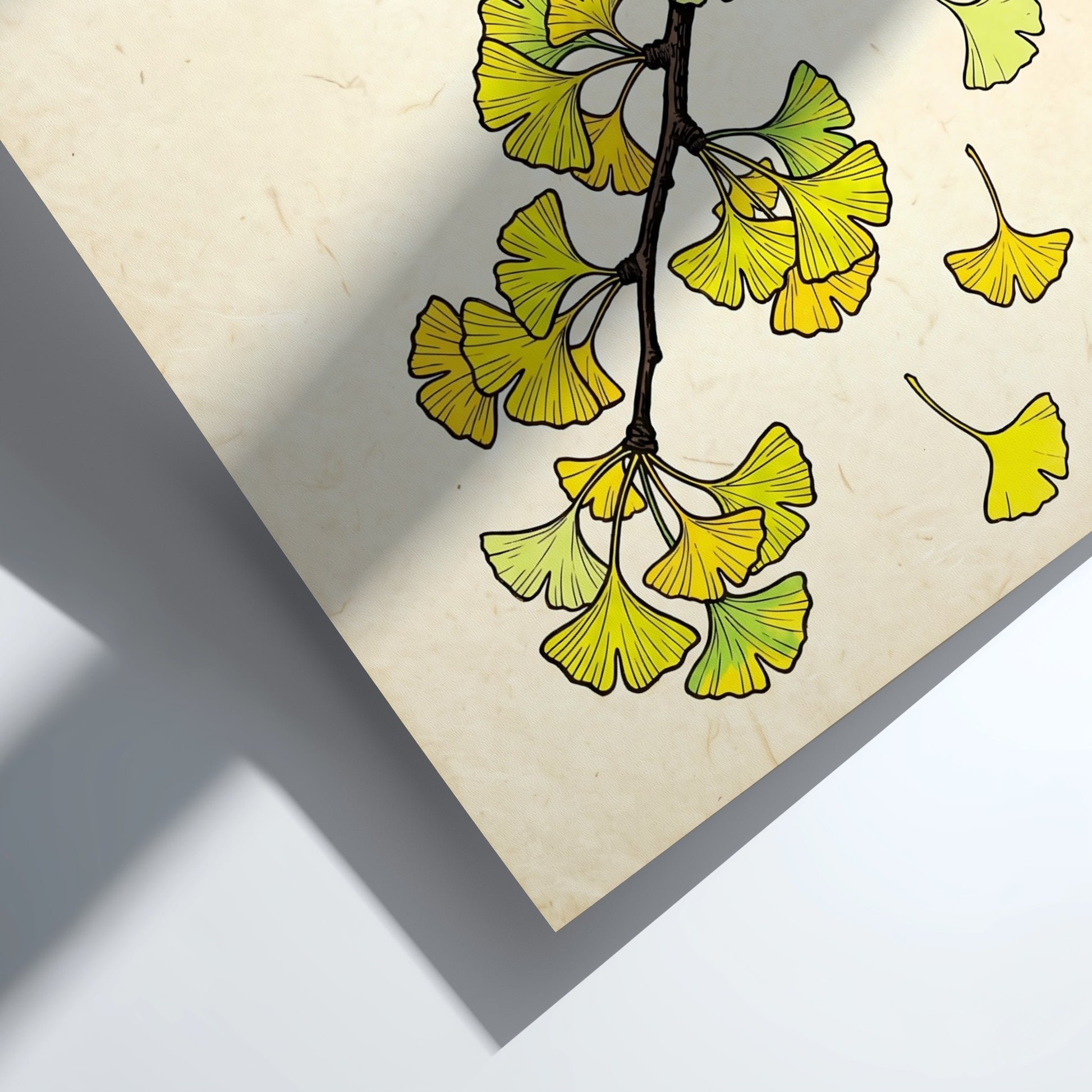Japanese art style poster featuring vibrant yellow ginkgo leaves on a textured background