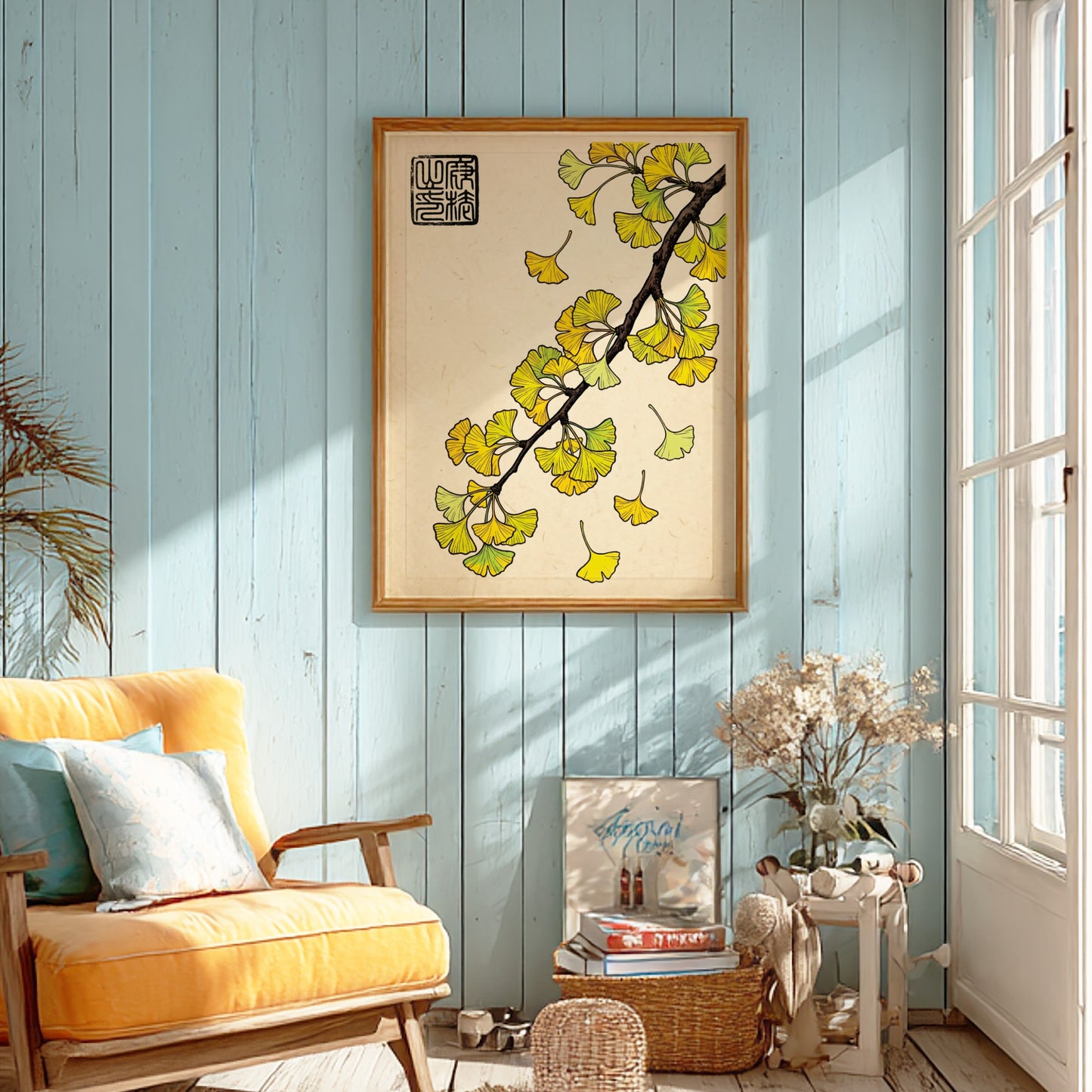 Japanese art style poster featuring vibrant yellow ginkgo leaves on a textured background