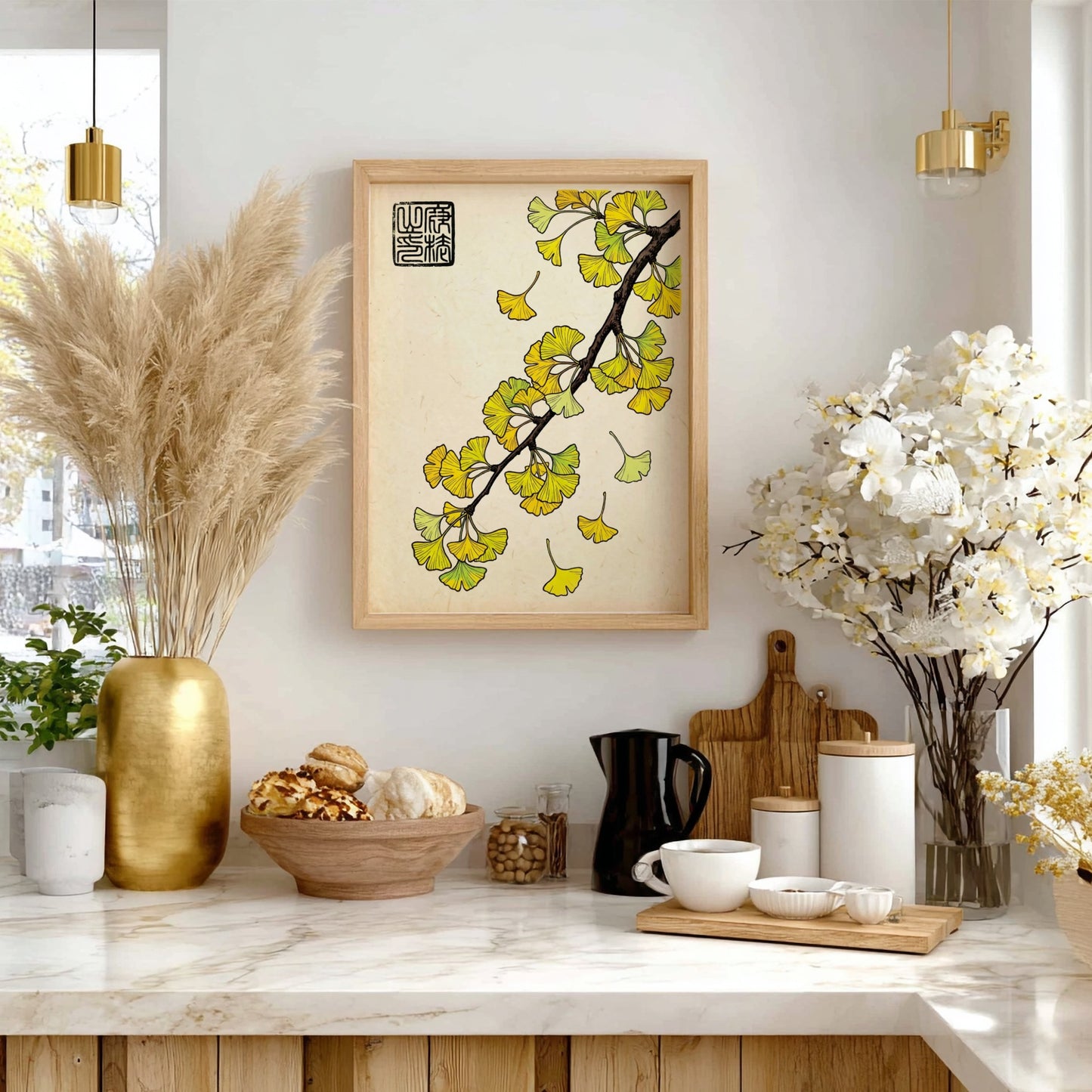 Japanese art style poster featuring vibrant yellow ginkgo leaves on a textured background