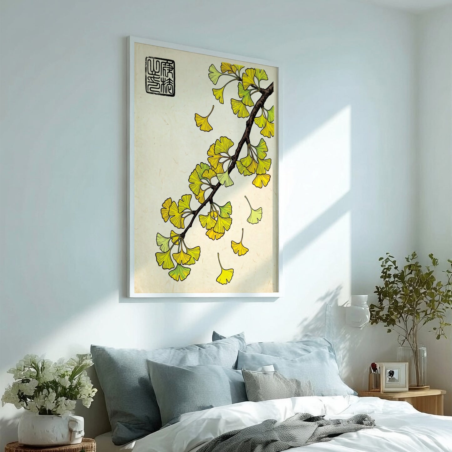 Japanese art style poster featuring vibrant yellow ginkgo leaves on a textured background