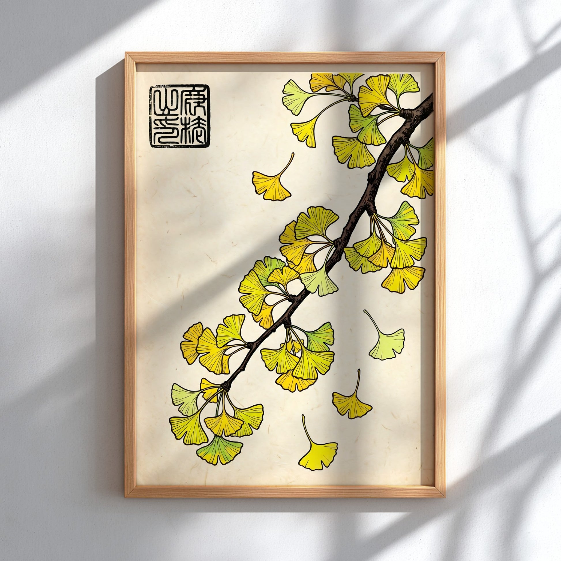 Japanese art style poster featuring vibrant yellow ginkgo leaves on a textured background