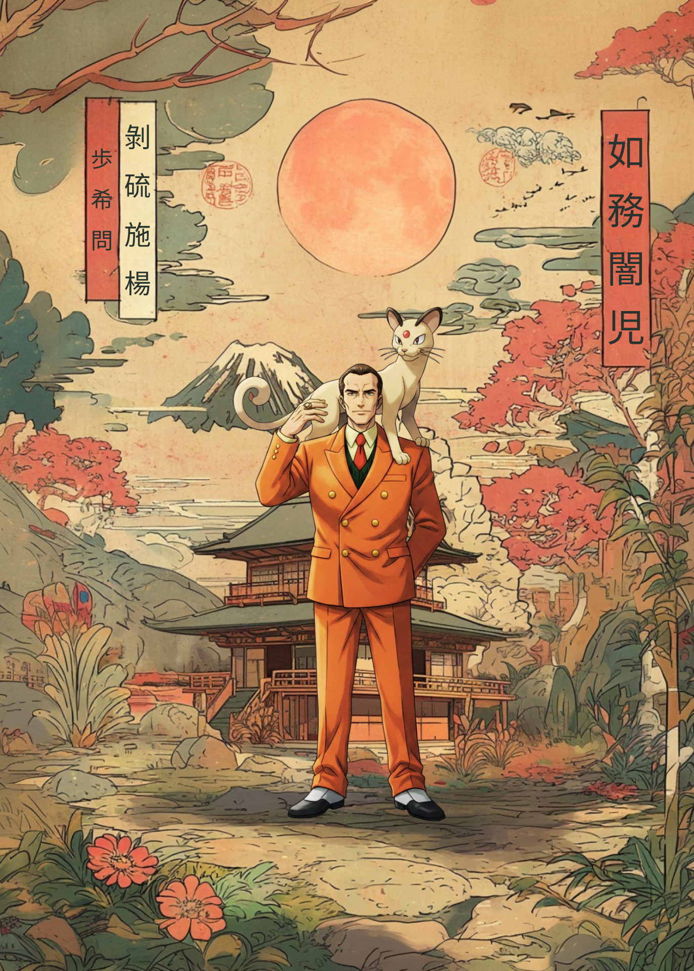 Giovanni and Persian Pokemon against a Japanese-style landscape with Mount Fuji.