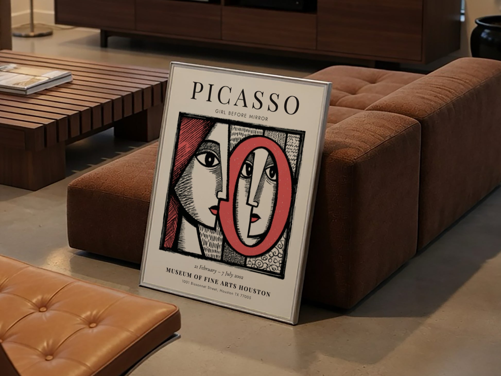 Picasso inspired poster featuring bold colors and modern art style with a focus on the girl before the mirror
