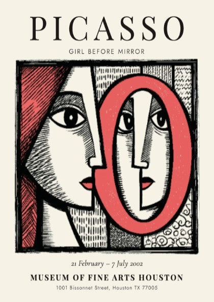 Picasso inspired poster featuring bold colors and modern art style with a focus on the girl before the mirror