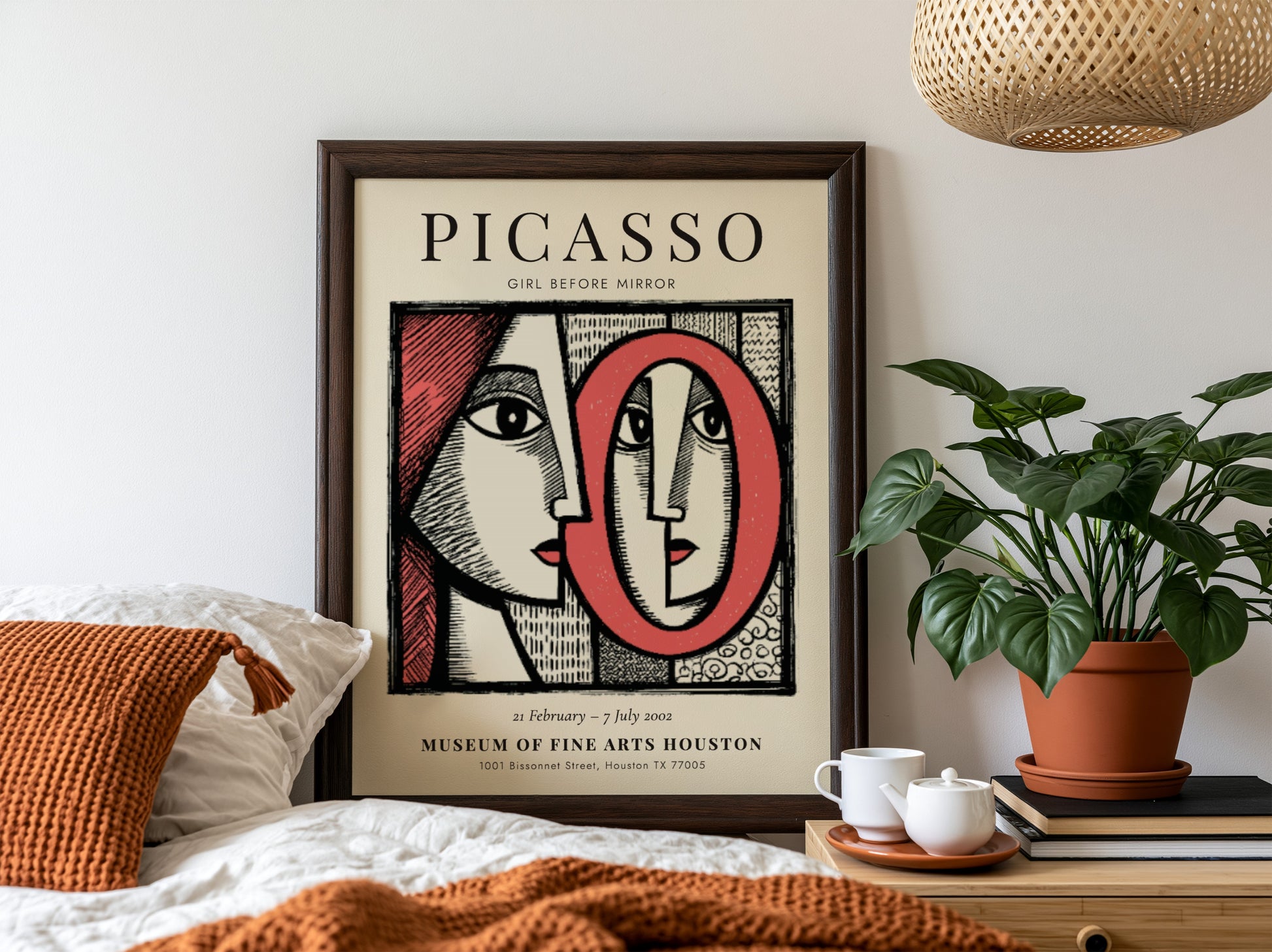 Picasso inspired poster featuring bold colors and modern art style with a focus on the girl before the mirror