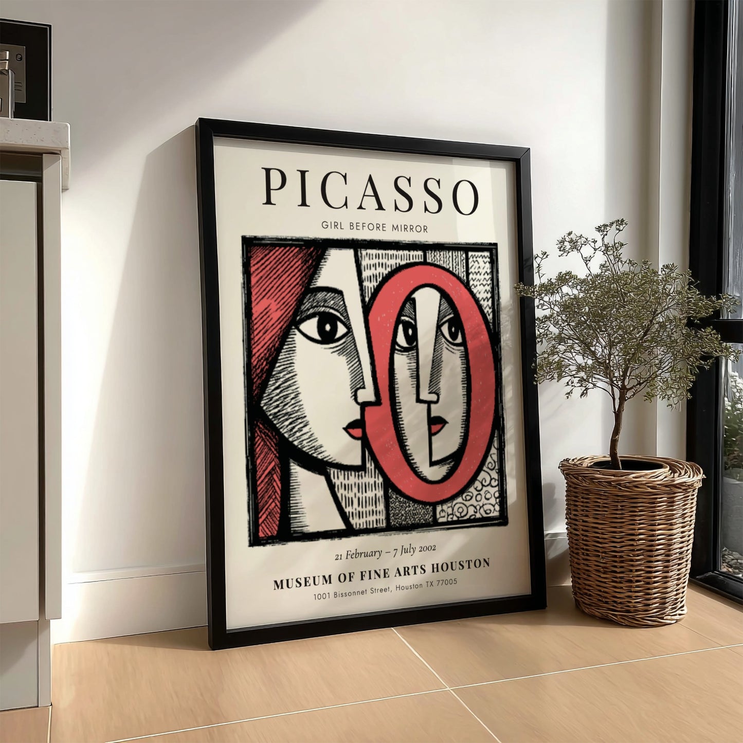Picasso inspired poster featuring bold colors and modern art style with a focus on the girl before the mirror
