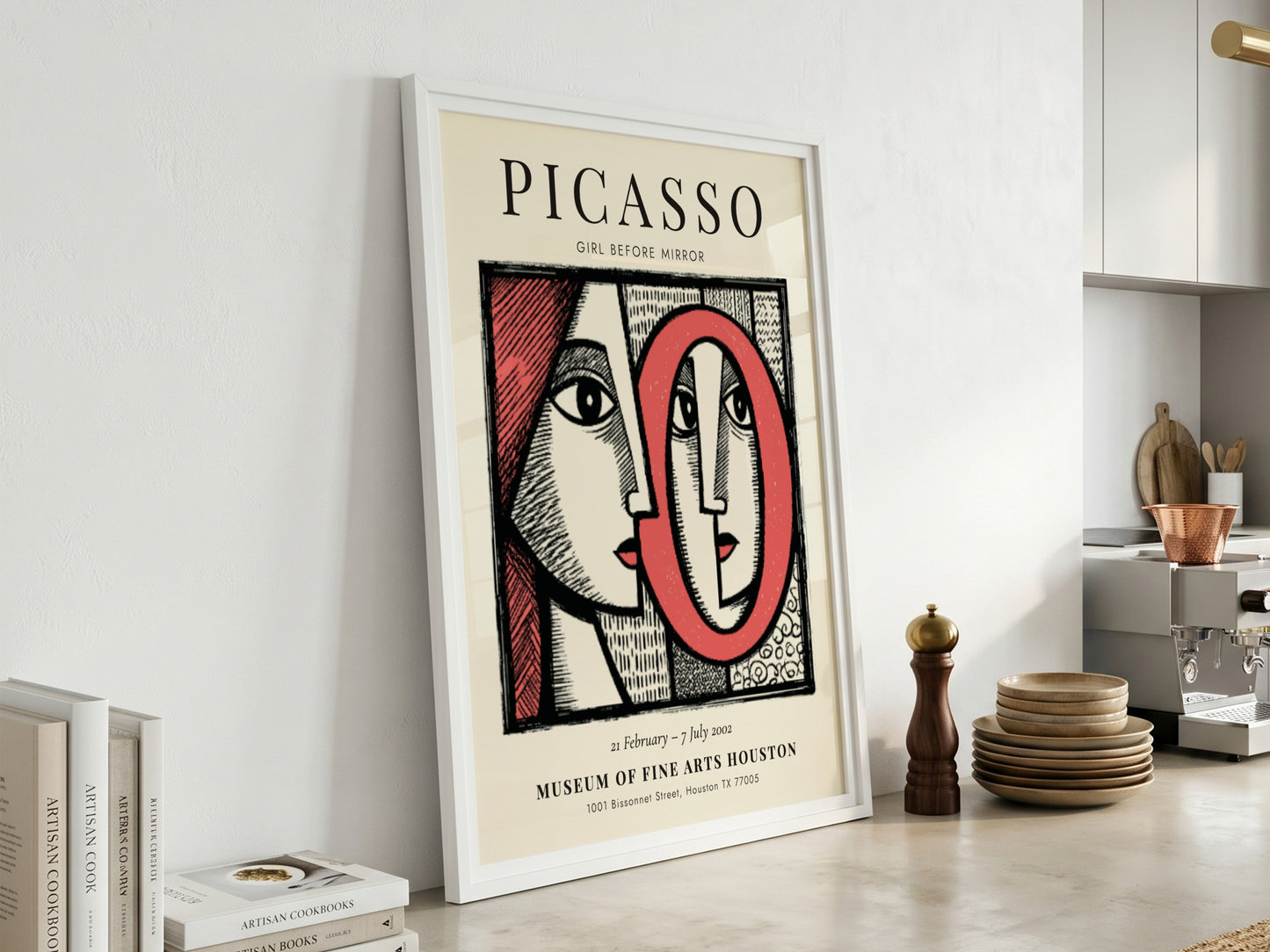 Picasso inspired poster featuring bold colors and modern art style with a focus on the girl before the mirror