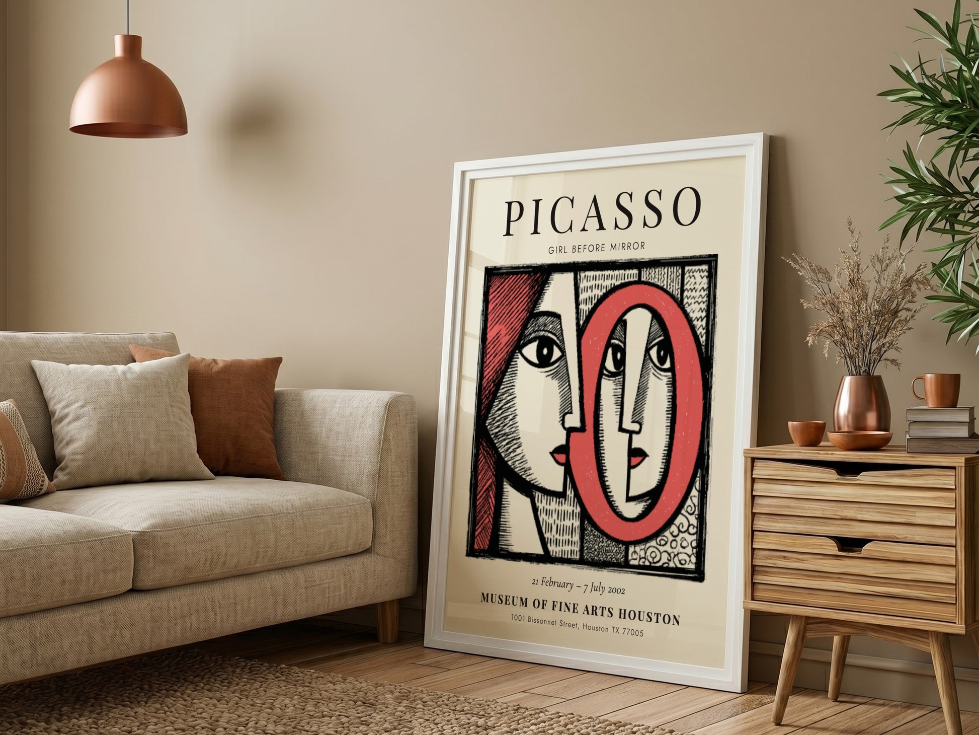 Picasso inspired poster featuring bold colors and modern art style with a focus on the girl before the mirror
