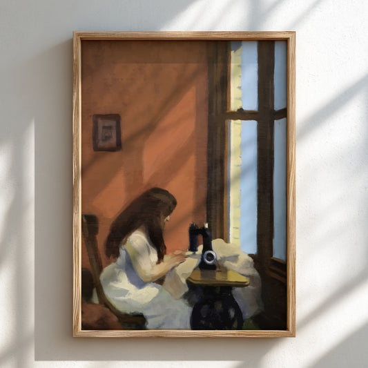 Poster of Edward Hopper's "Girl at the Sewing Machine" in a warm, light-filled room.
