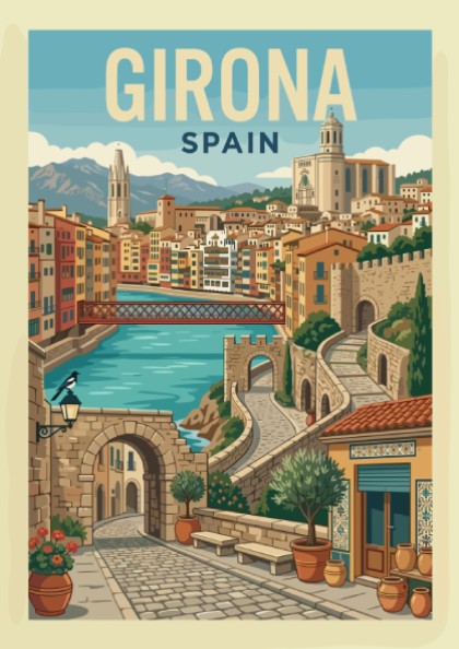 Girona Spain travel poster featuring colorful buildings, river, and stone architecture in a vintage