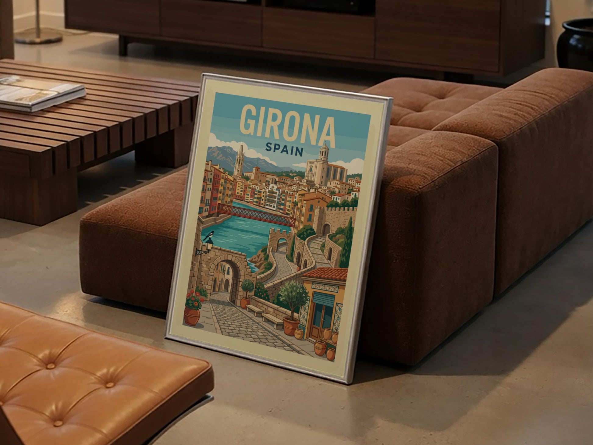 Girona Spain travel poster featuring colorful buildings, river, and stone architecture in a vintage