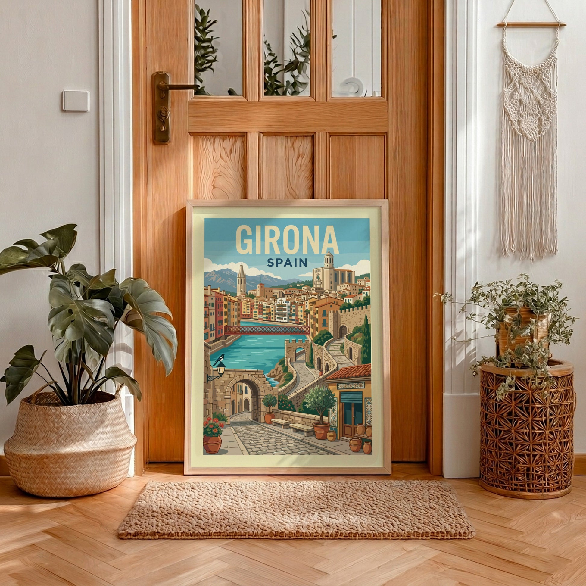 Girona Spain travel poster featuring colorful buildings, river, and stone architecture in a vintage