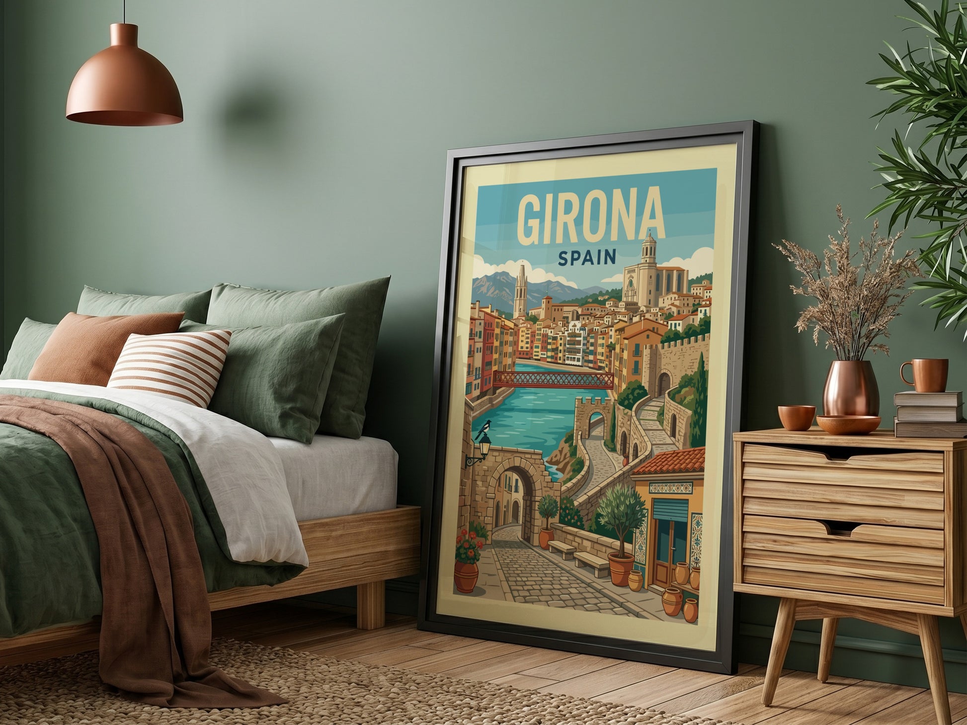 Girona Spain travel poster featuring colorful buildings, river, and stone architecture in a vintage