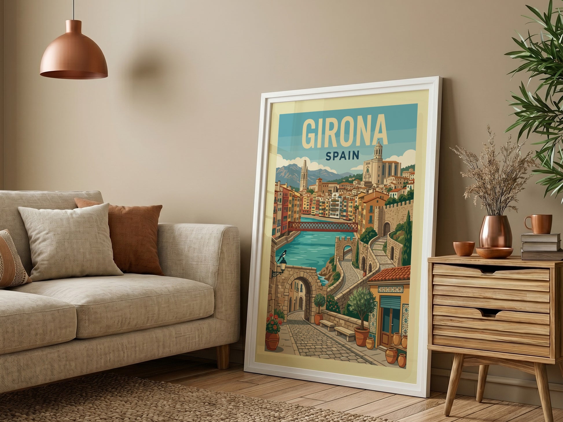 Girona Spain travel poster featuring colorful buildings, river, and stone architecture in a vintage
