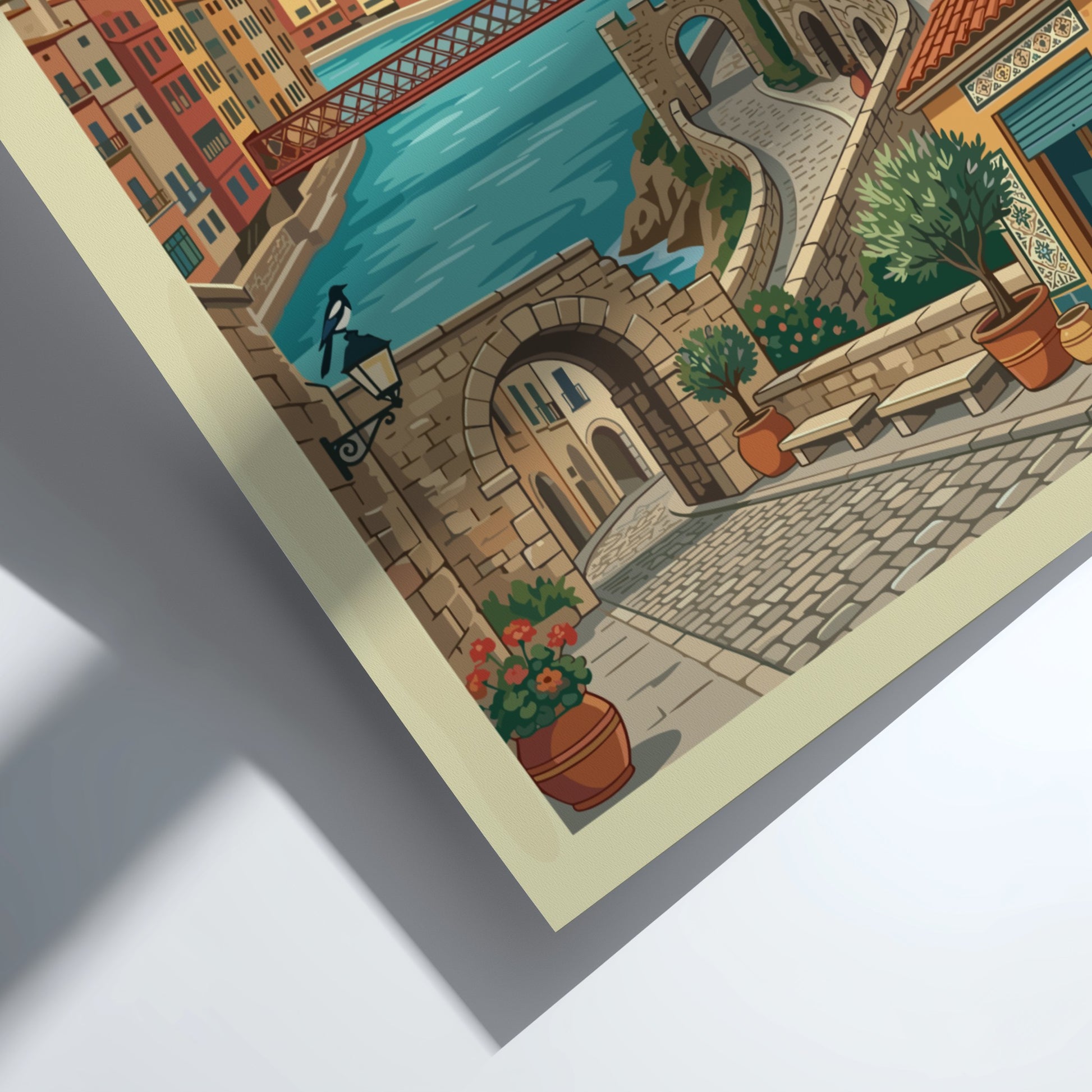 Girona Spain travel poster featuring colorful buildings, river, and stone architecture in a vintage