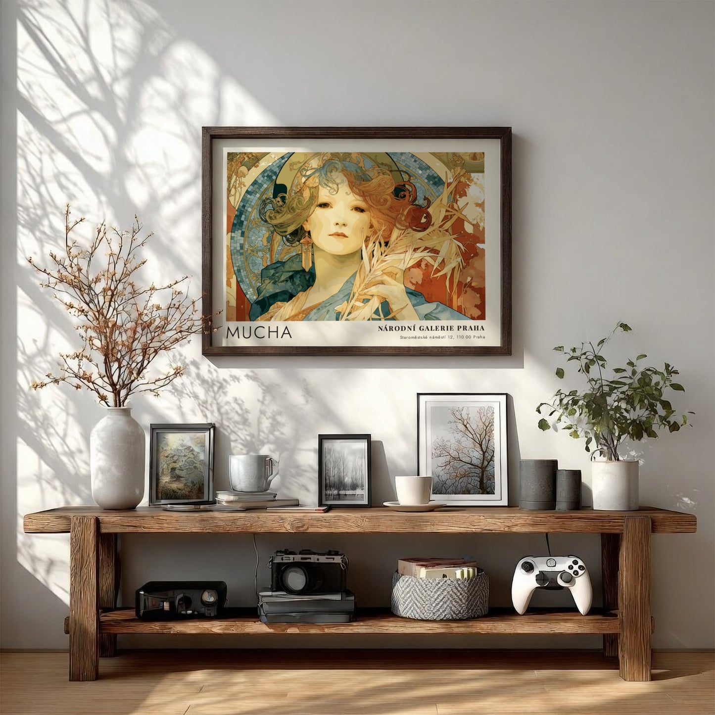 Wall art poster featuring Alphonse Mucha Gismonda illustration in warm tones and frames.