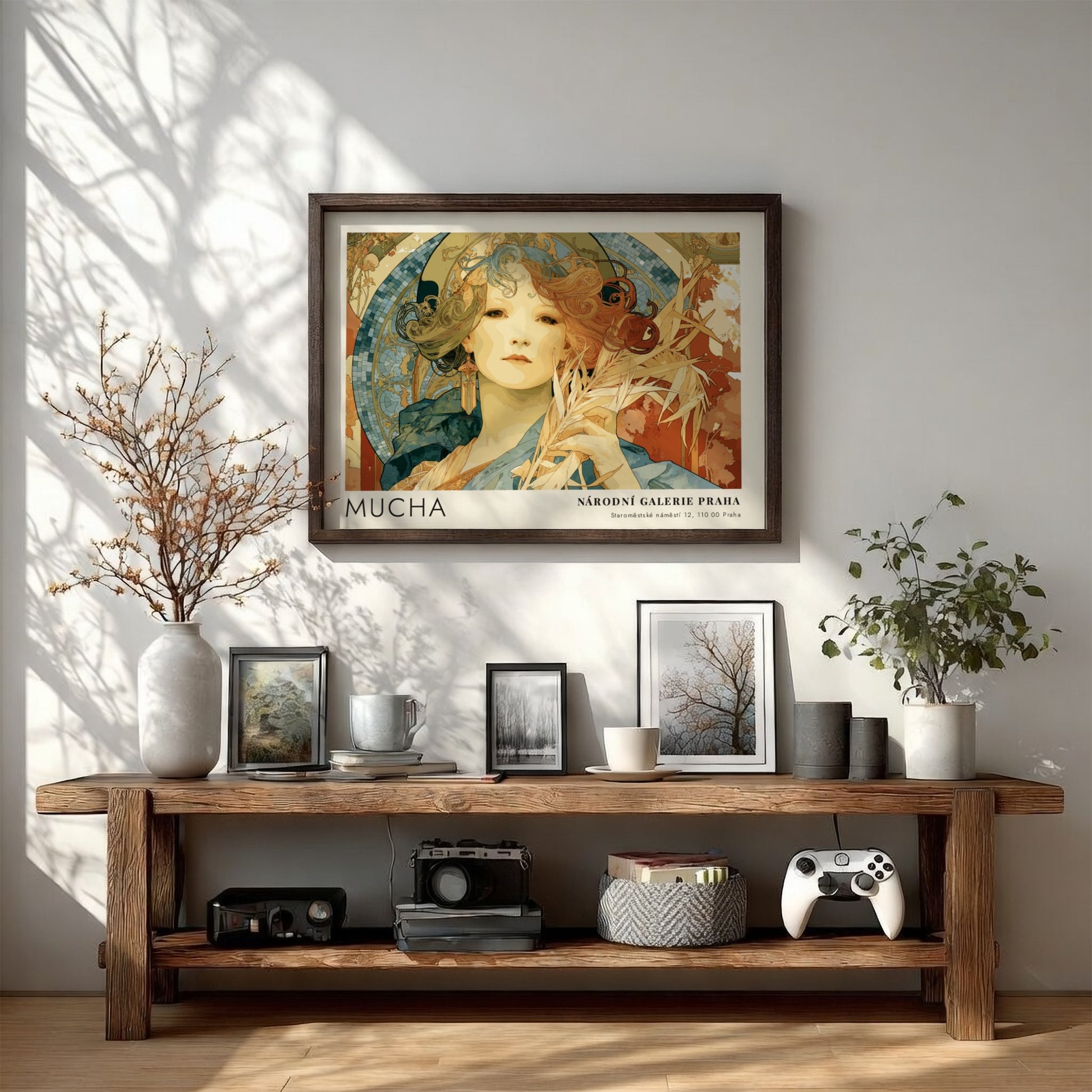 Wall art poster featuring Alphonse Mucha Gismonda illustration in warm tones and frames.