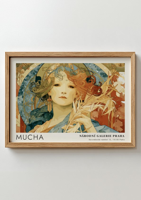 Wall art poster featuring Alphonse Mucha Gismonda illustration in warm tones and frames.