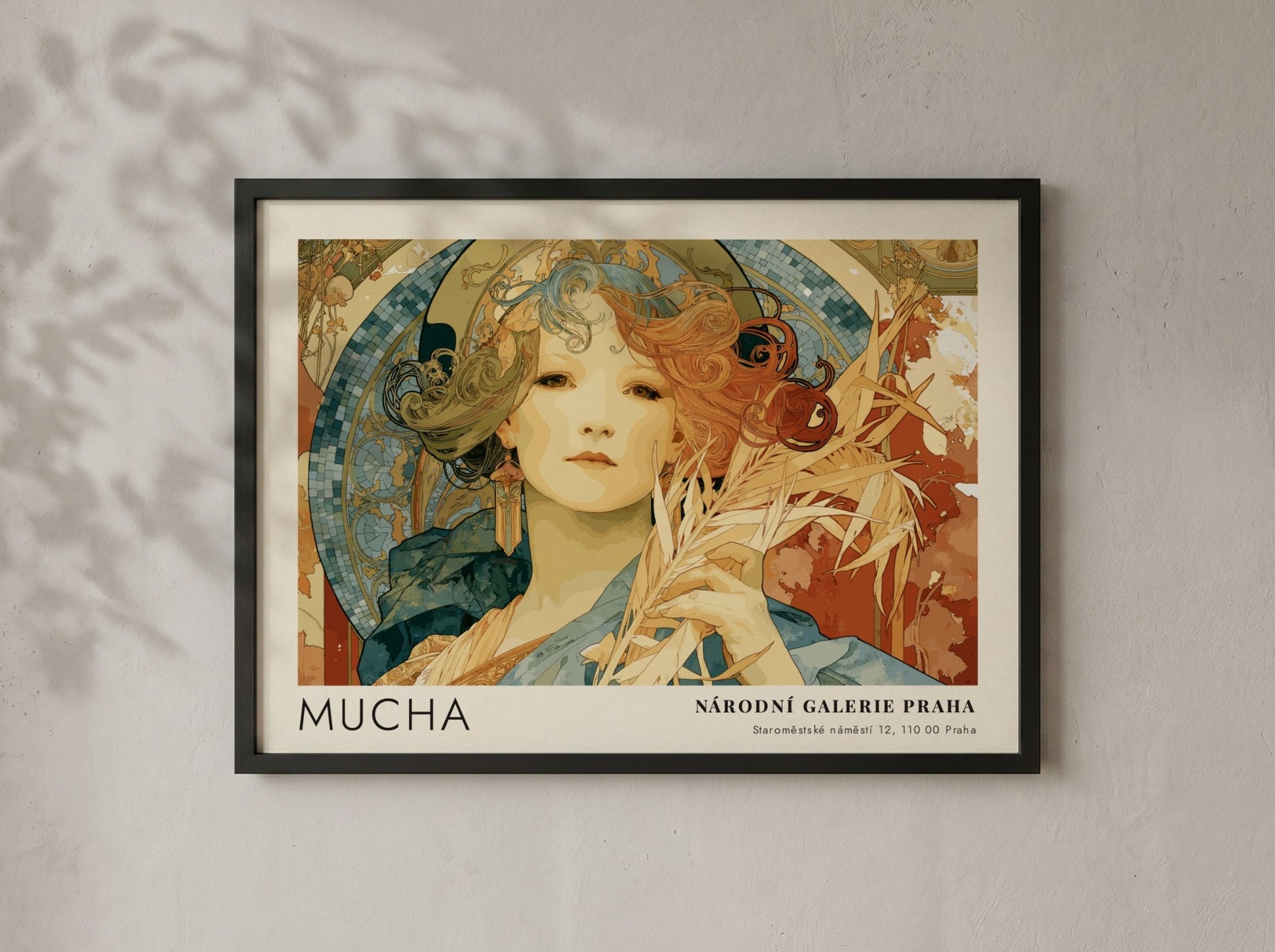 Wall art poster featuring Alphonse Mucha Gismonda illustration in warm tones and frames.