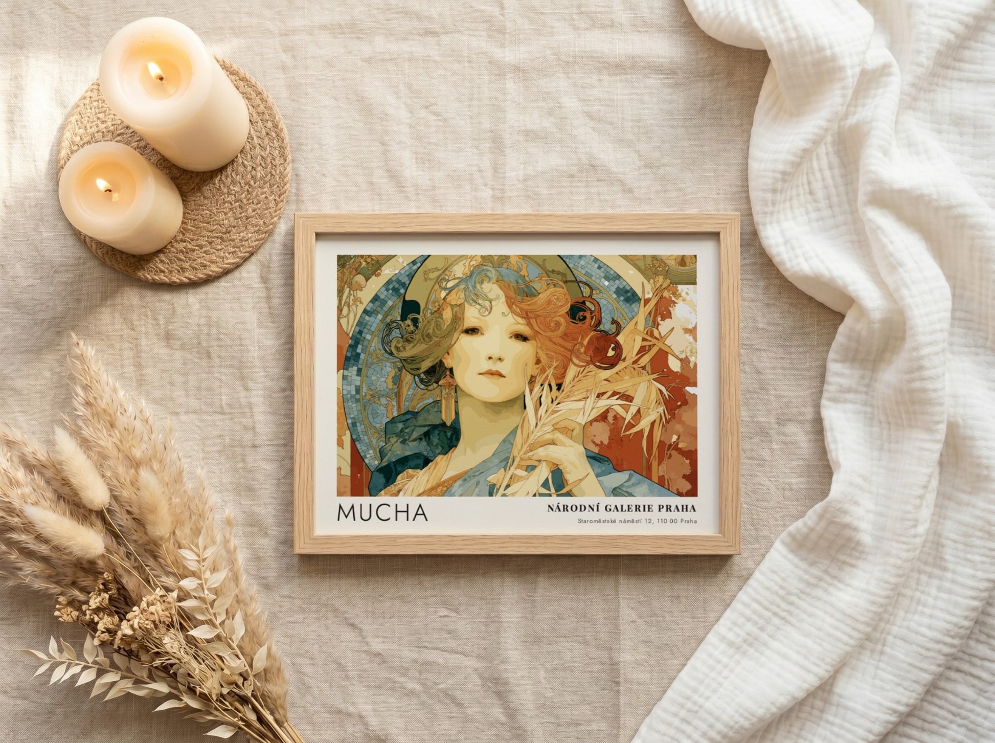 Wall art poster featuring Alphonse Mucha Gismonda illustration in warm tones and frames.