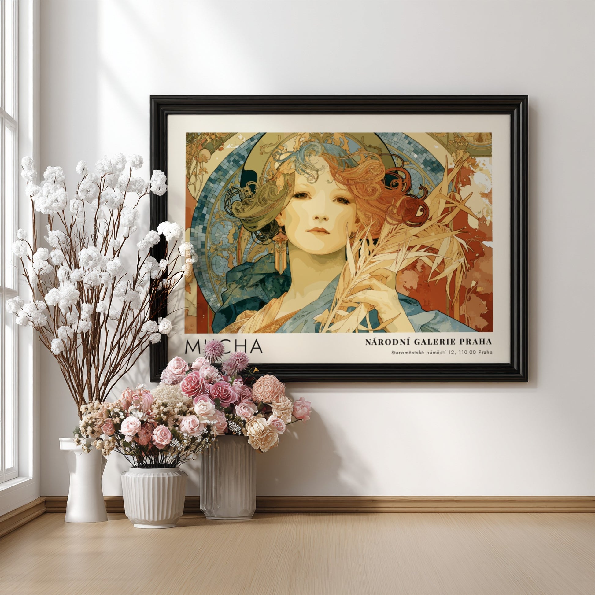 Wall art poster featuring Alphonse Mucha Gismonda illustration in warm tones and frames.