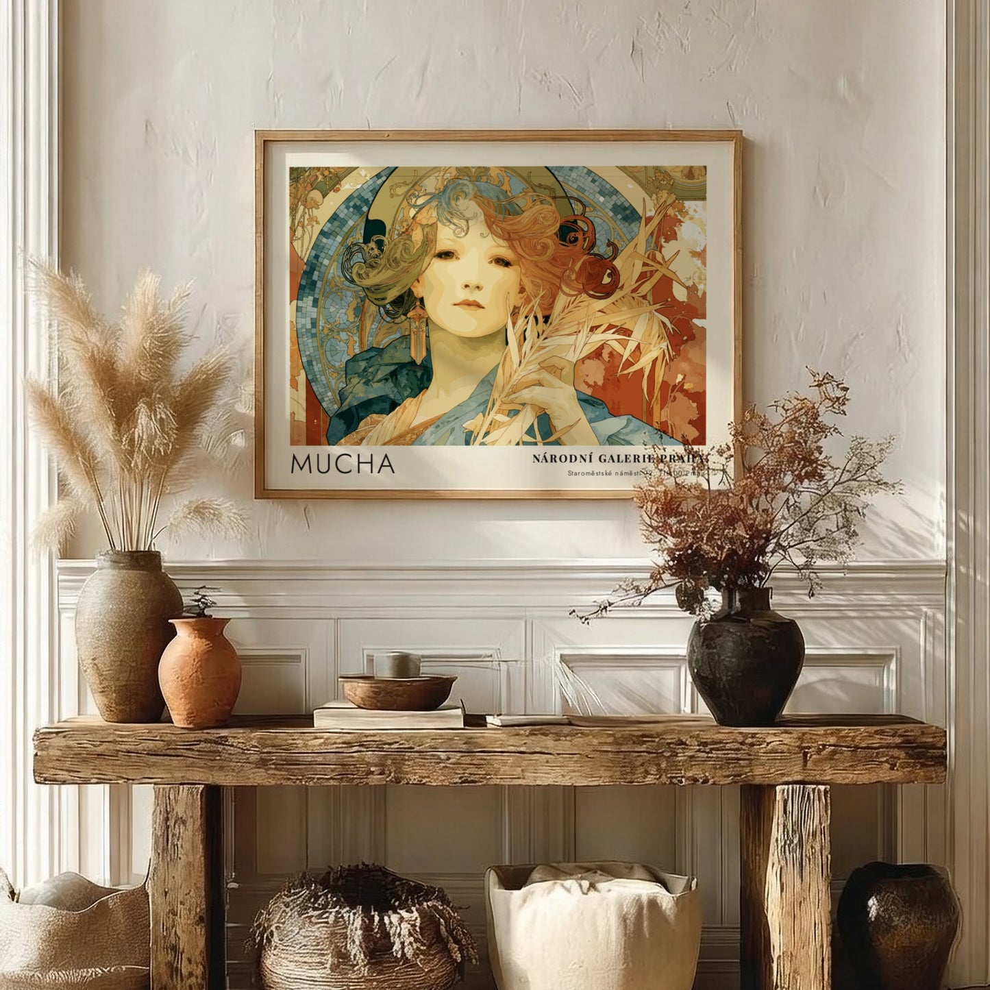 Wall art poster featuring Alphonse Mucha Gismonda illustration in warm tones and frames.