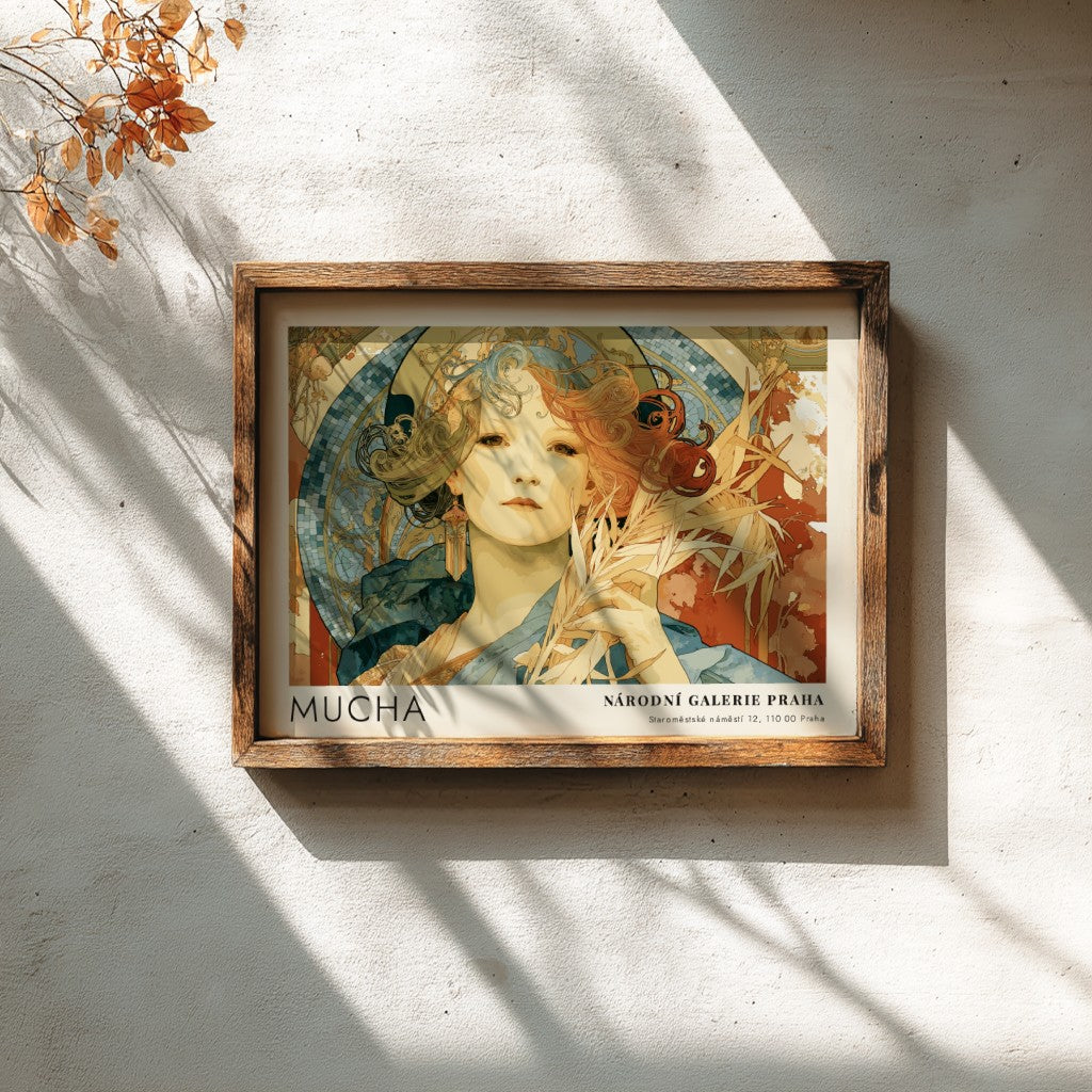 Wall art poster featuring Alphonse Mucha Gismonda illustration in warm tones and frames.