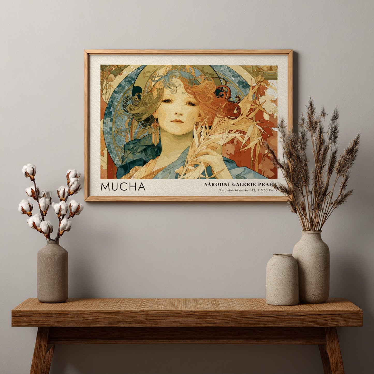Wall art poster featuring Alphonse Mucha Gismonda illustration in warm tones and frames.