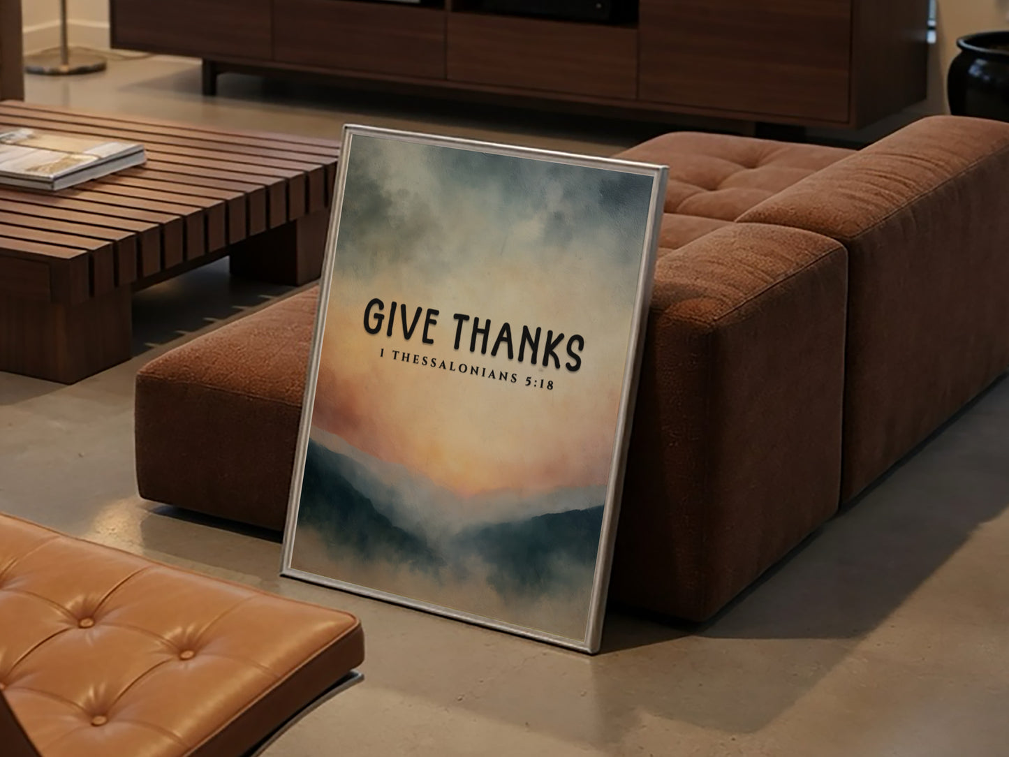 Inspirational poster featuring the phrase 'Give Thanks' with a serene landscape in soft colors