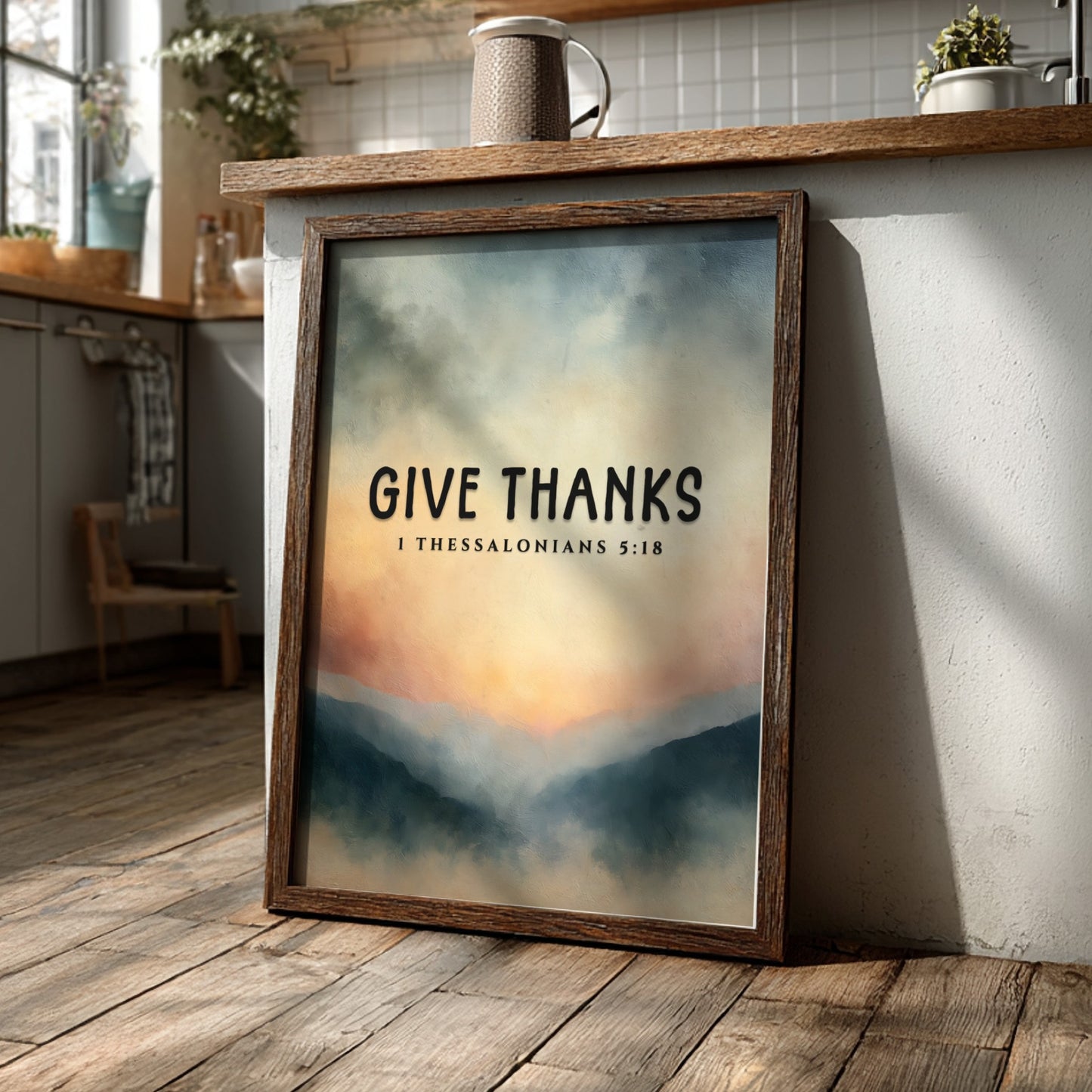 Inspirational poster featuring the phrase 'Give Thanks' with a serene landscape in soft colors