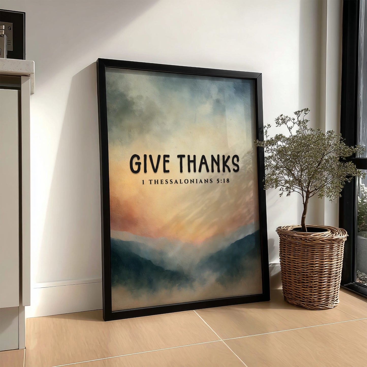 Inspirational poster featuring the phrase 'Give Thanks' with a serene landscape in soft colors