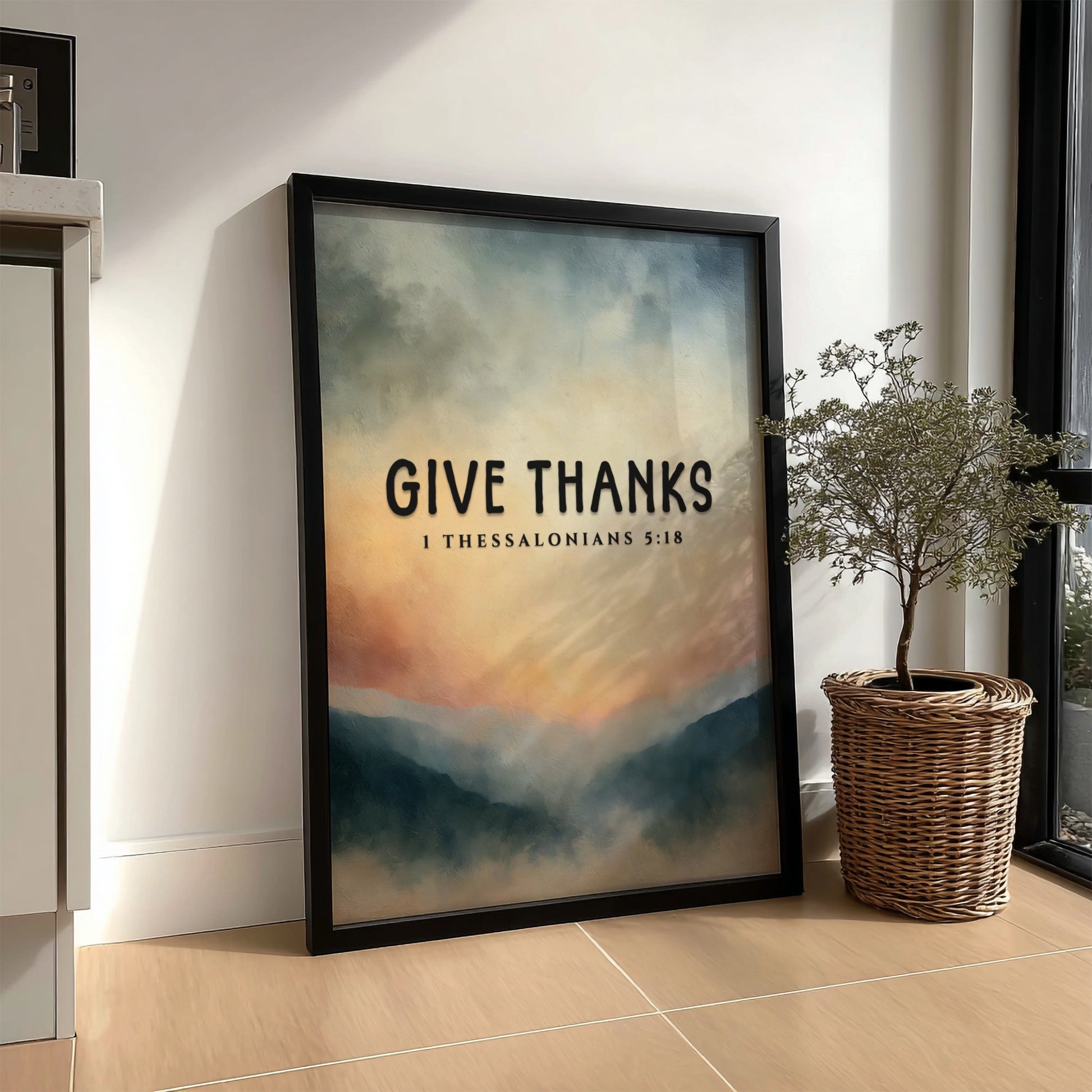 Inspirational poster featuring the phrase 'Give Thanks' with a serene landscape in soft colors