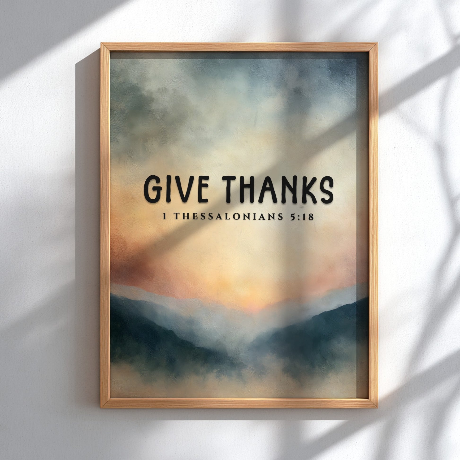 Inspirational poster featuring the phrase 'Give Thanks' with a serene landscape in soft colors