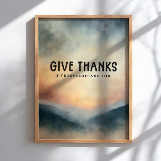 Inspirational poster featuring the phrase 'Give Thanks' with a serene landscape in soft colors