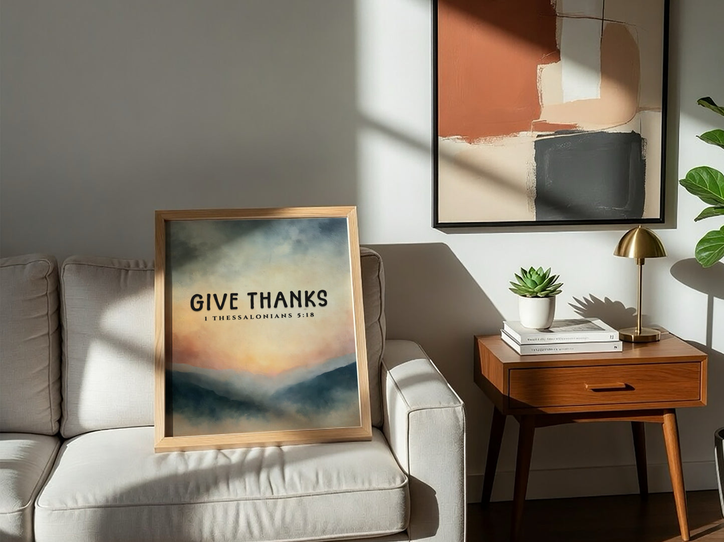 Inspirational poster featuring the phrase 'Give Thanks' with a serene landscape in soft colors