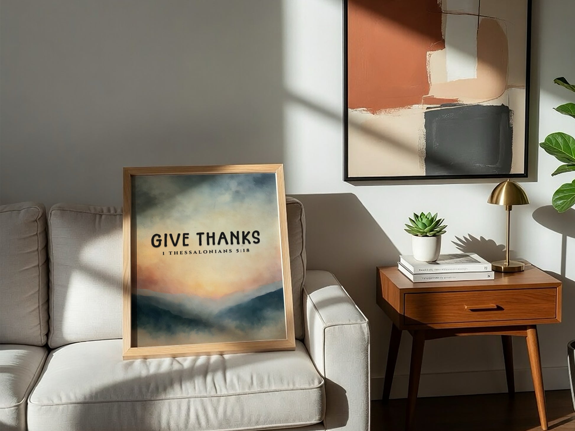 Inspirational poster featuring the phrase 'Give Thanks' with a serene landscape in soft colors
