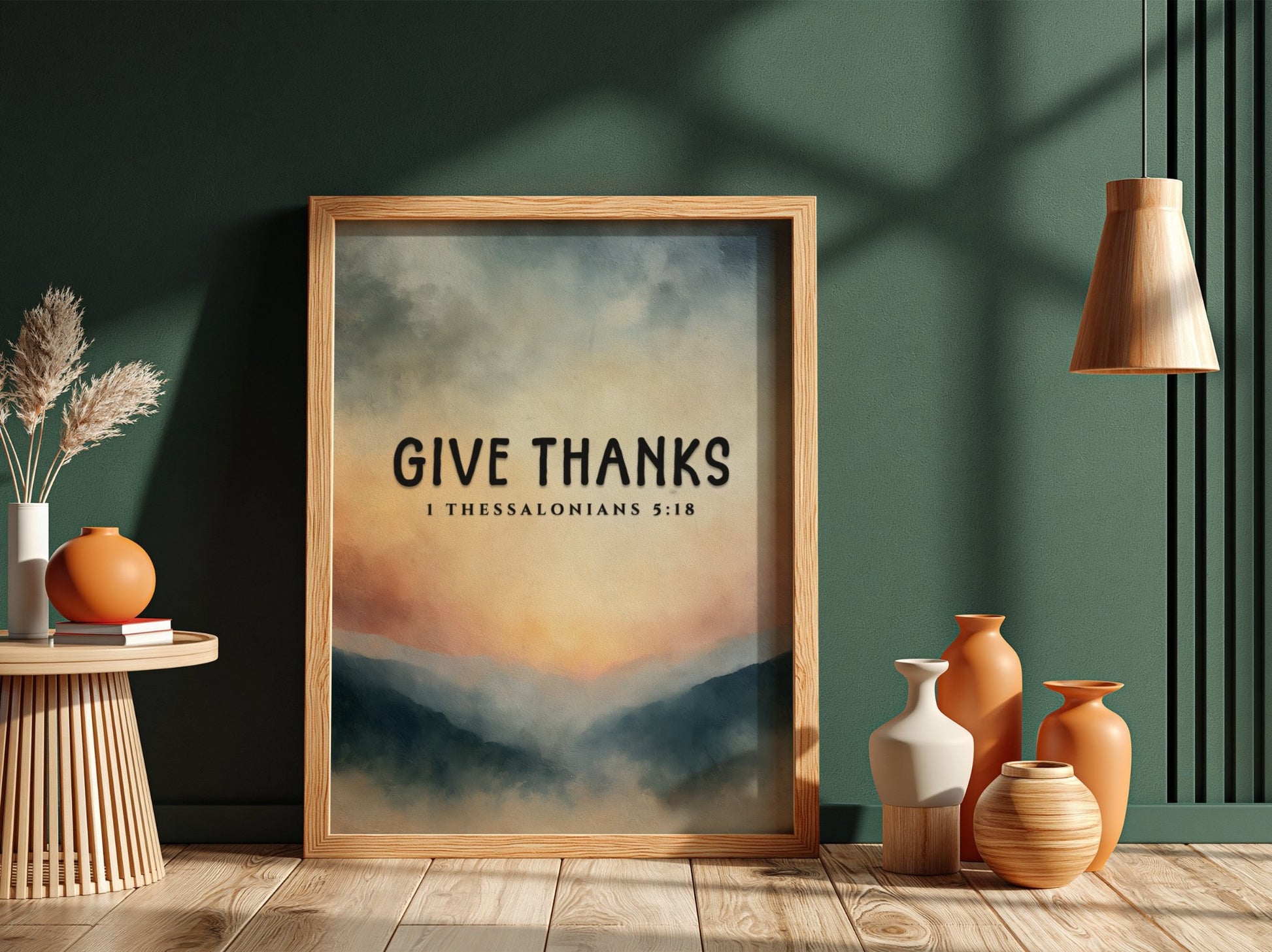 Inspirational poster featuring the phrase 'Give Thanks' with a serene landscape in soft colors