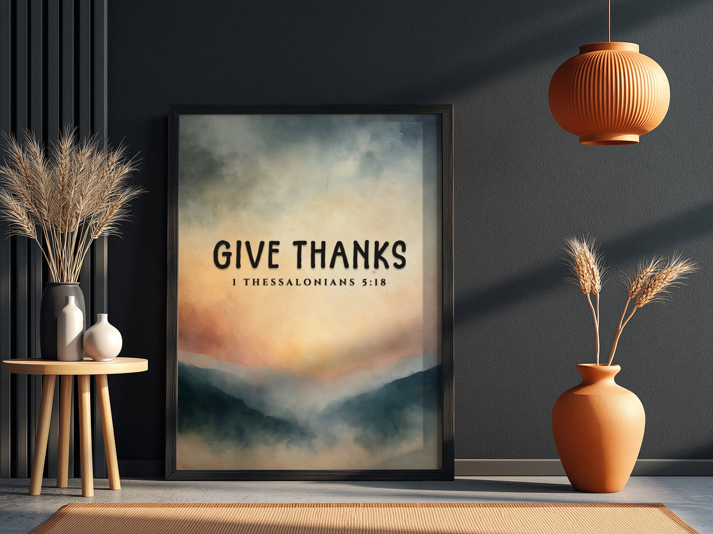 Inspirational poster featuring the phrase 'Give Thanks' with a serene landscape in soft colors