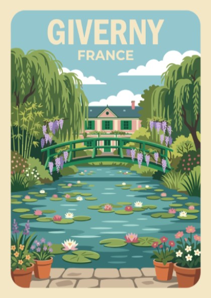 Poster of Giverny France featuring a wooden bridge over a lily pond landscape