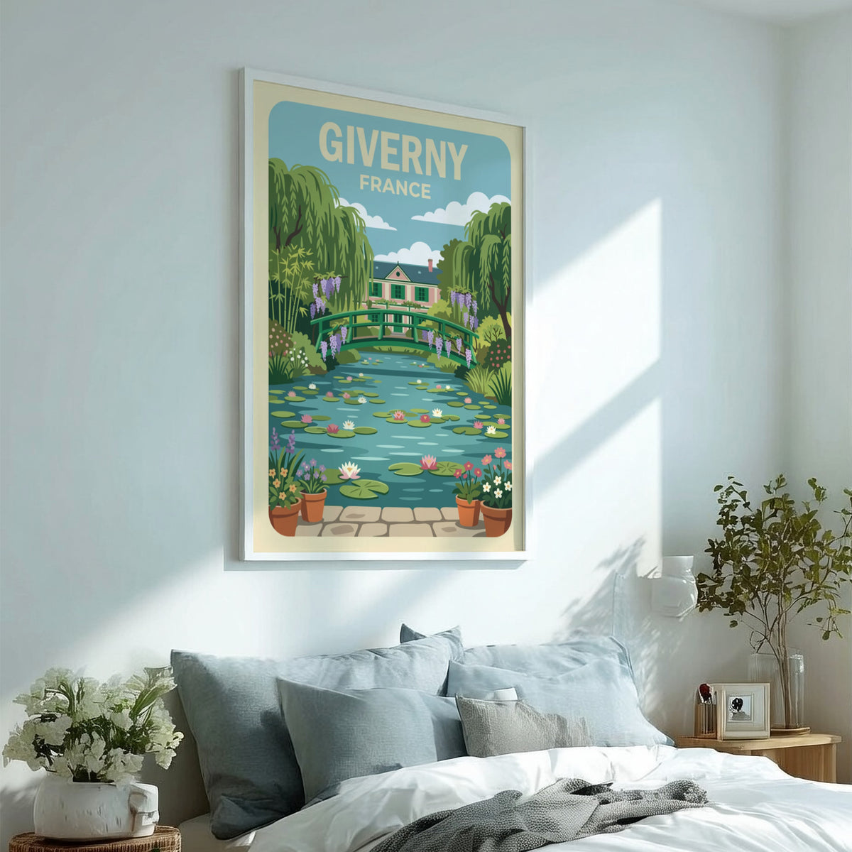Poster of Giverny France featuring a wooden bridge over a lily pond landscape