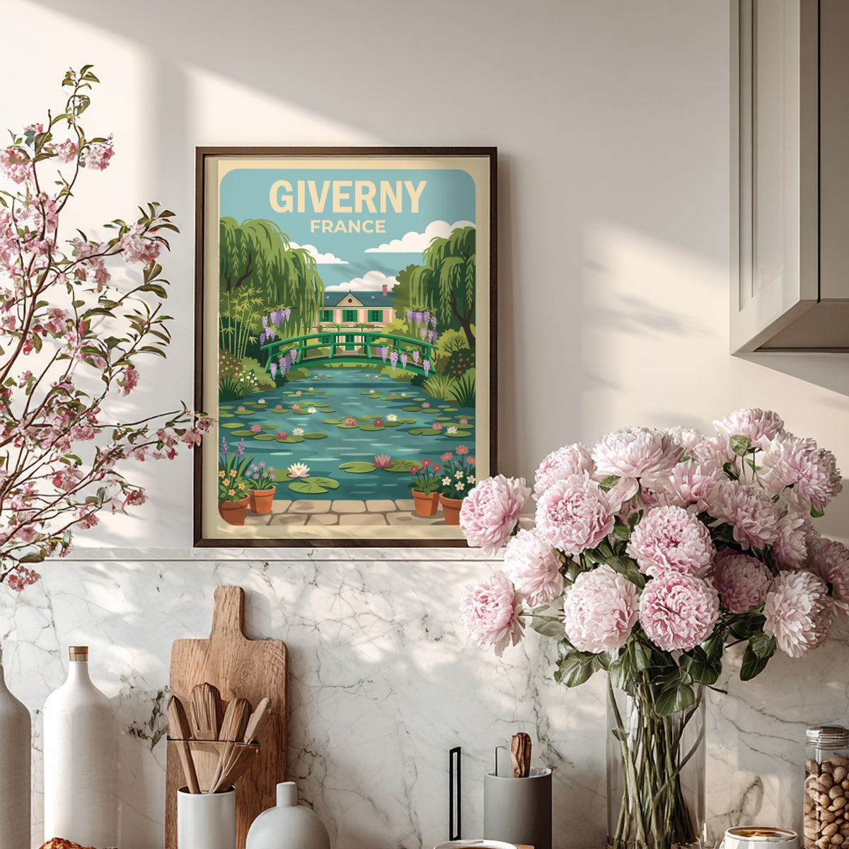 Poster of Giverny France featuring a wooden bridge over a lily pond landscape