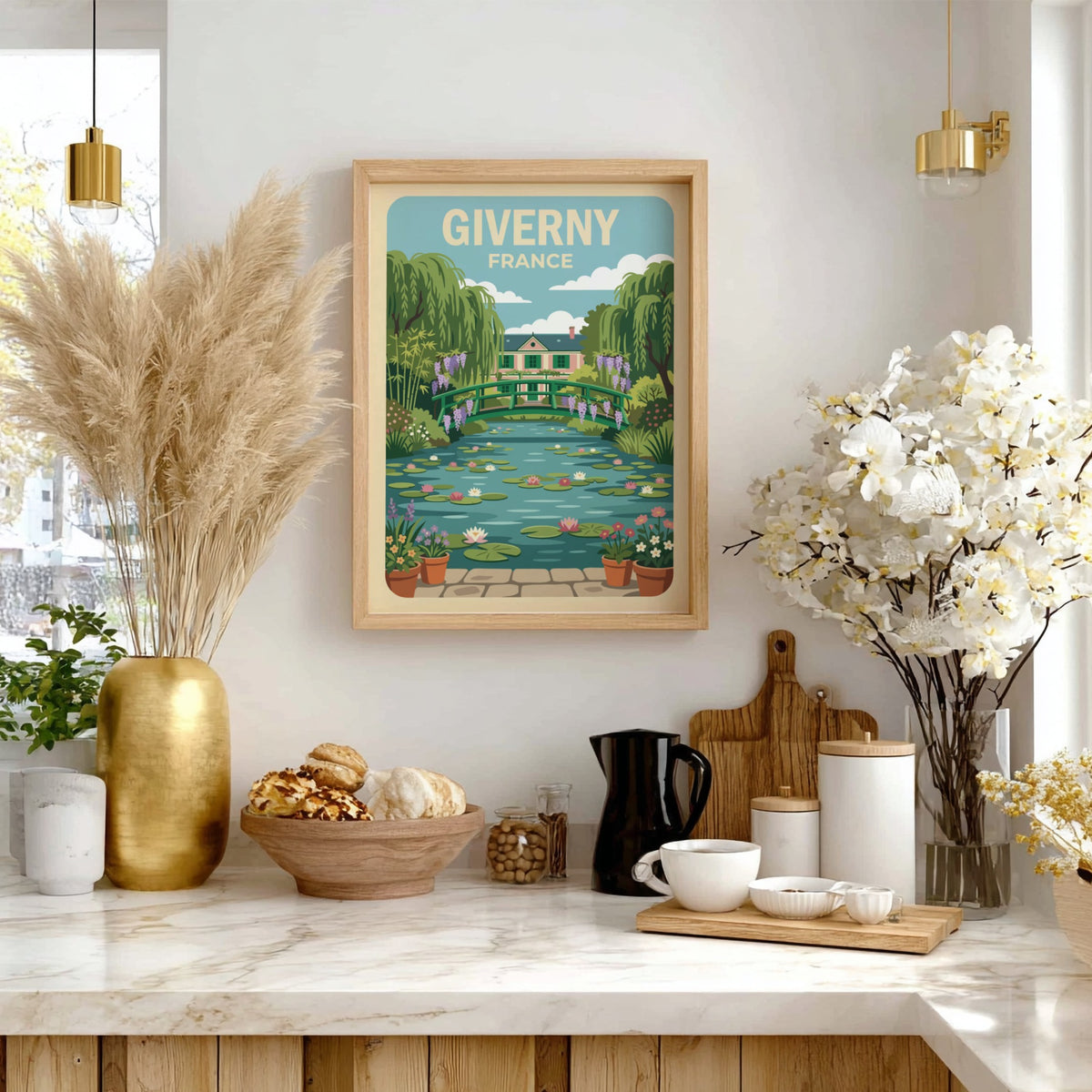 Poster of Giverny France featuring a wooden bridge over a lily pond landscape