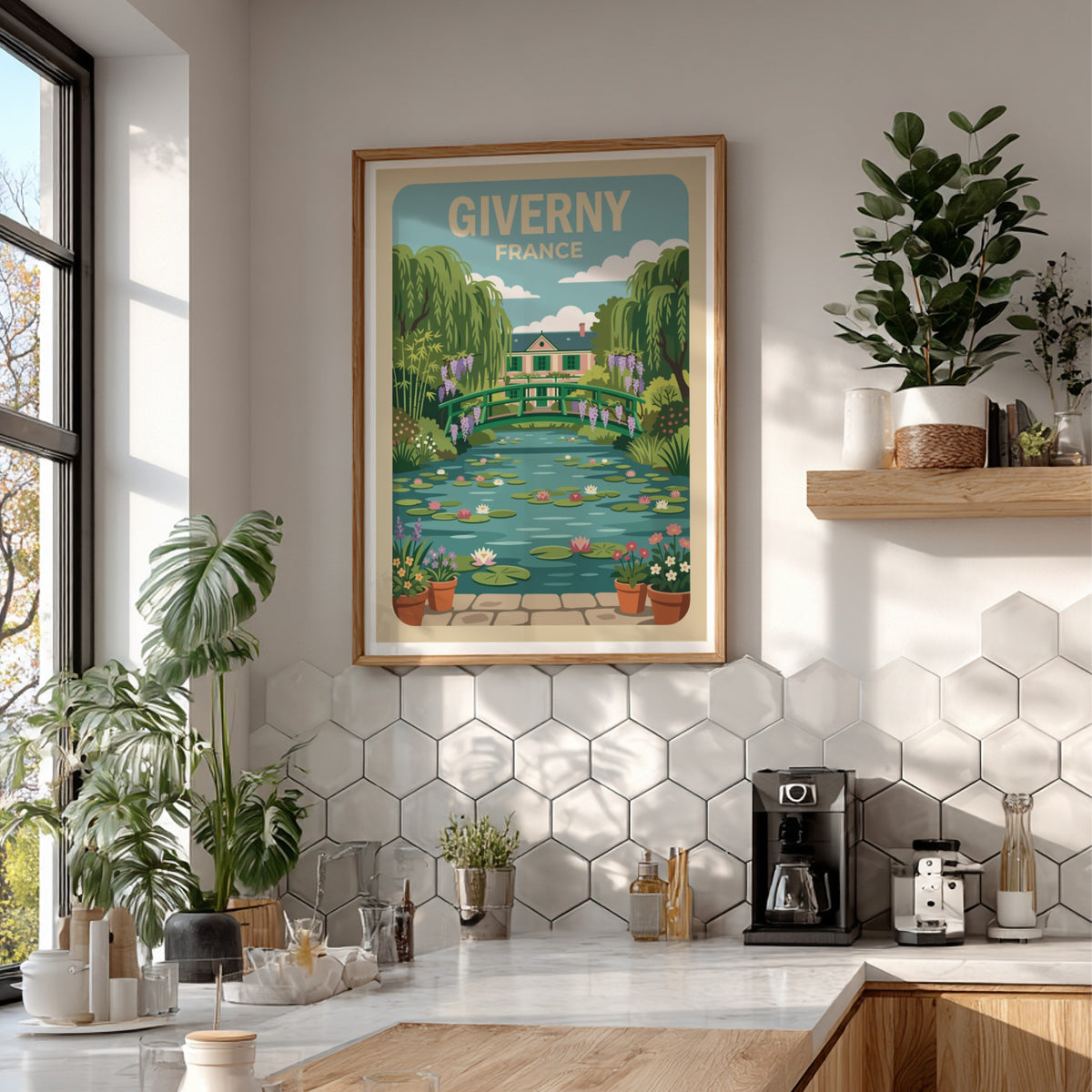Poster of Giverny France featuring a wooden bridge over a lily pond landscape